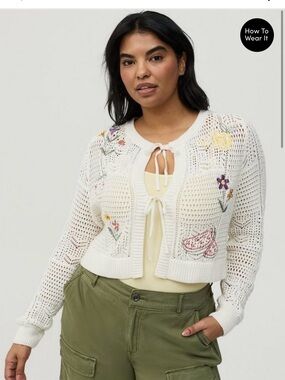 torrid White Crochet Tie-Front Cardigan with Multicolor Floral Embroidery